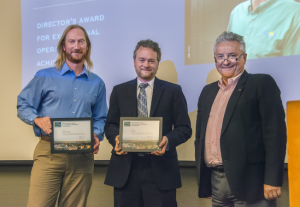 Deputy Director Horst Simon (right) presents the Director’s Award for Exceptional Achievement in Operations to Eli Dart (center) and Brent Draney (left) (2015)