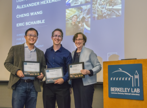 ALD Kathy Yelick presents the Director’s Award for Exceptional Early Career Scientific Achievement to Cheng Want and Eric Schaible (Alex Hexamer not present).